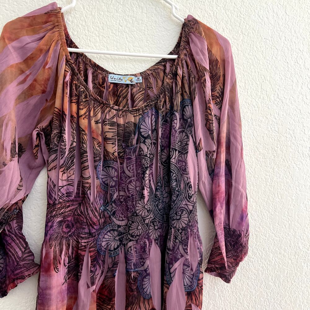 UNITY WORLD WEAR Women's M Babydoll Pink Mix Media Print Tunic Blouse Y2k Sheer - Picture 2 of 5